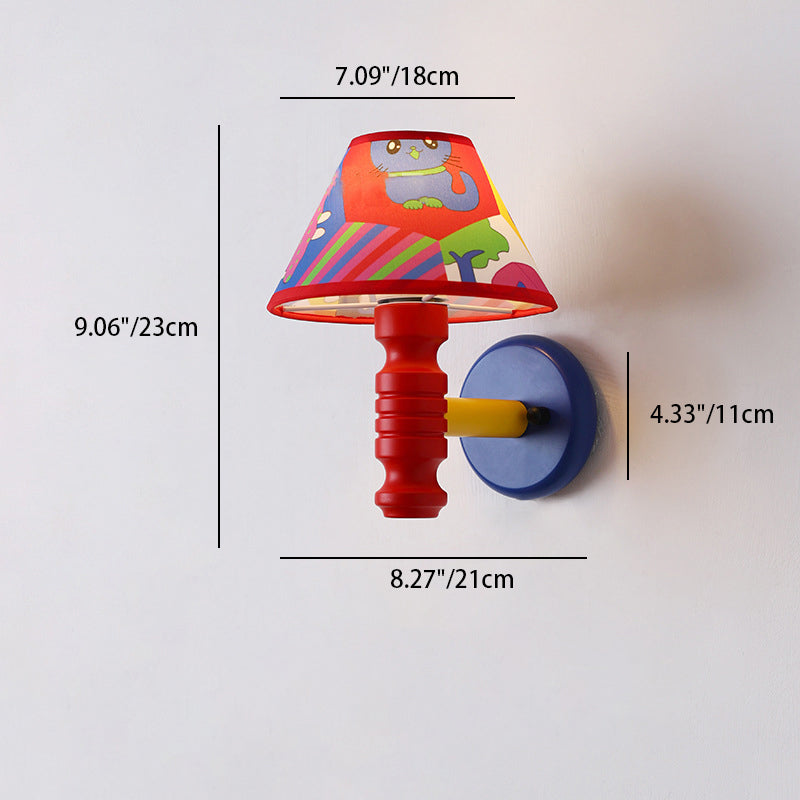 Lámpara de Aplique de Pared de 1 Luz para Dormitorio con Mesa Redonda de Pintura de Niños en Estilo Contemporáneo Escandinavo, Cilindro de Hierro, Tela y Madera 