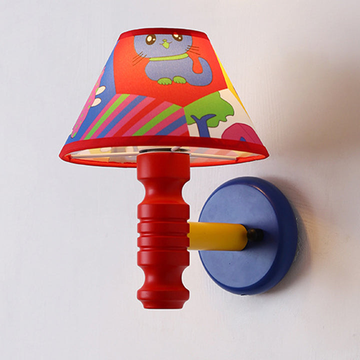Lámpara de Aplique de Pared de 1 Luz para Dormitorio con Mesa Redonda de Pintura de Niños en Estilo Contemporáneo Escandinavo, Cilindro de Hierro, Tela y Madera 