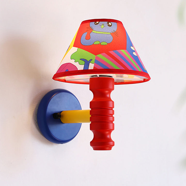 Lámpara de Aplique de Pared de 1 Luz para Dormitorio con Mesa Redonda de Pintura de Niños en Estilo Contemporáneo Escandinavo, Cilindro de Hierro, Tela y Madera 