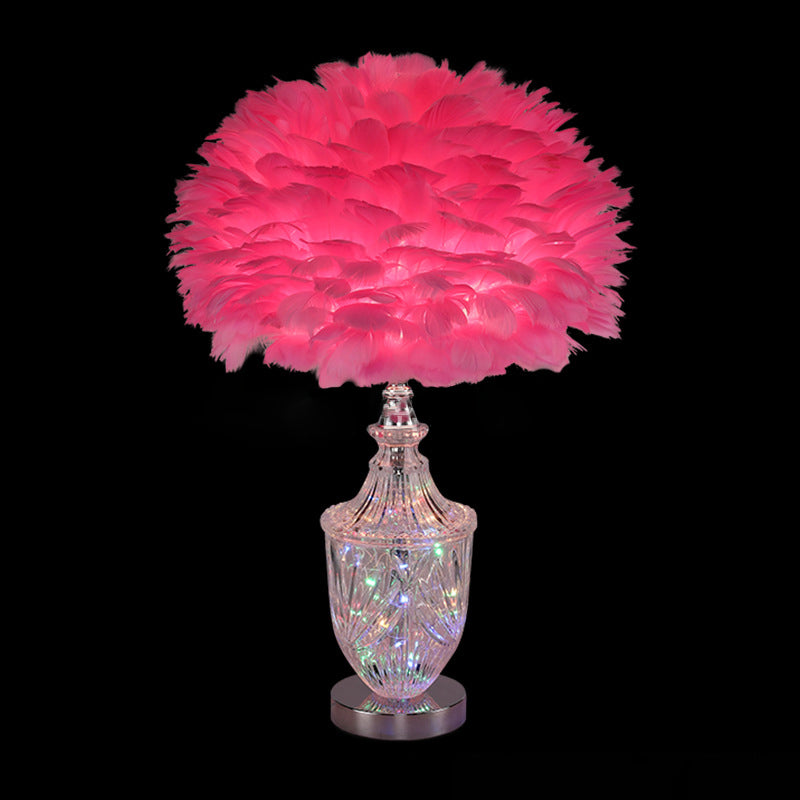 Contemporary Scandinavian Oval Flower Cluster Disc Base Feather Metal Glass 1-Light Table Lamp For Bedroom