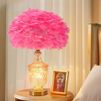 Contemporary Scandinavian Oval Flower Cluster Disc Base Feather Metal Glass 1-Light Table Lamp For Bedroom