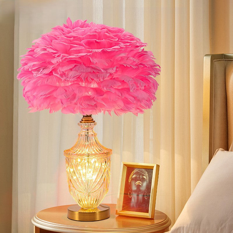Contemporary Scandinavian Oval Flower Cluster Disc Base Feather Metal Glass 1-Light Table Lamp For Bedroom