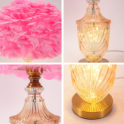 Contemporary Scandinavian Oval Flower Cluster Disc Base Feather Metal Glass 1-Light Table Lamp For Bedroom