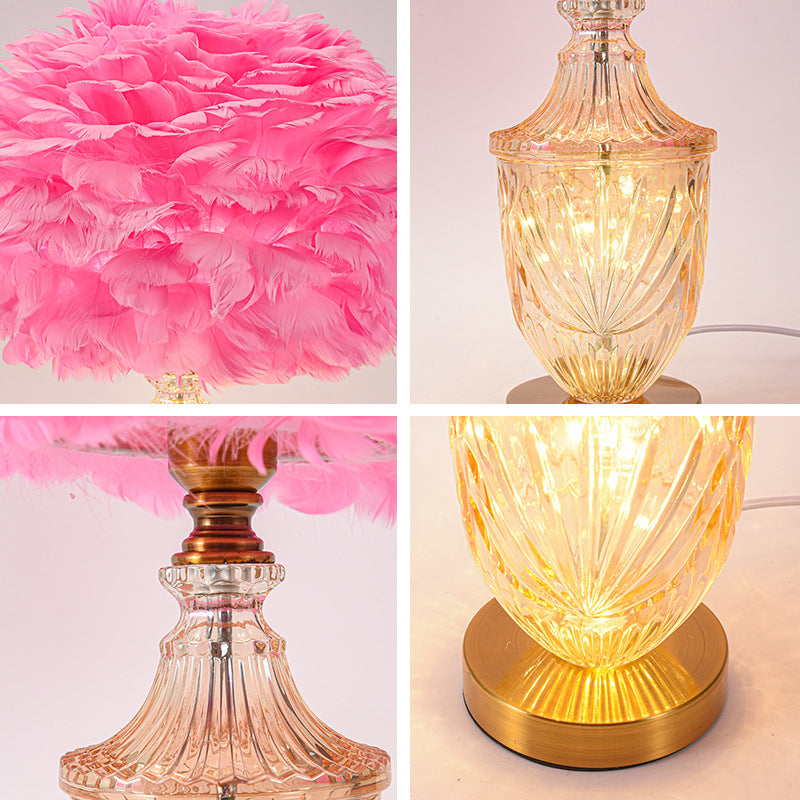 Contemporary Scandinavian Oval Flower Cluster Disc Base Feather Metal Glass 1-Light Table Lamp For Bedroom