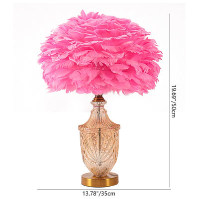 Contemporary Scandinavian Oval Flower Cluster Disc Base Feather Metal Glass 1-Light Table Lamp For Bedroom