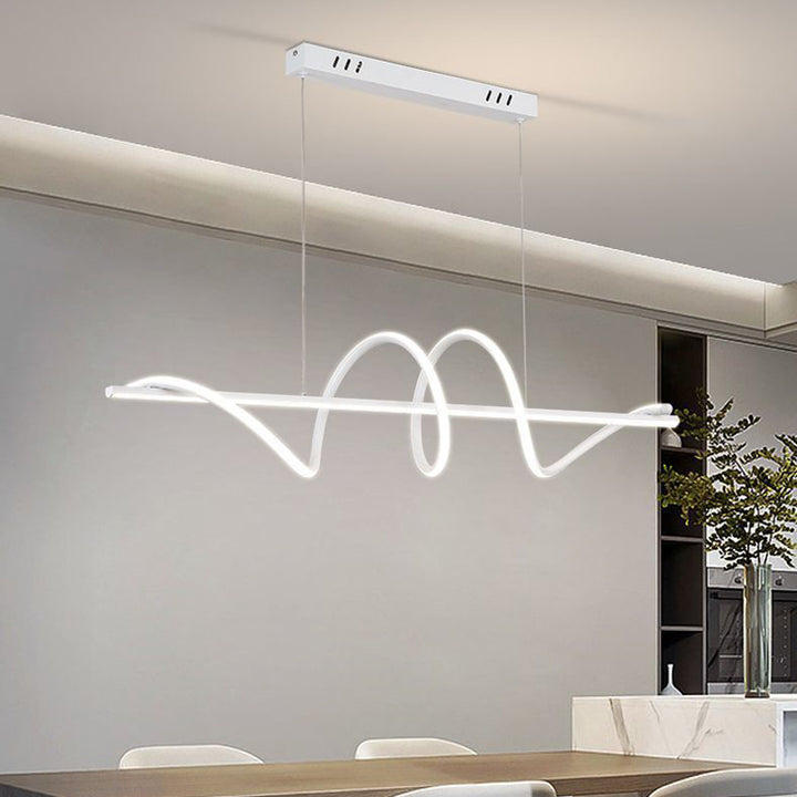 Lustre LED moderne minimaliste à spirale longue avec base rectangulaire en fer, aluminium et acrylique pour salle à manger 