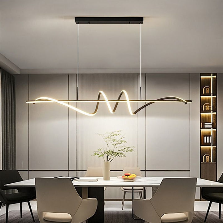 Lustre LED moderne minimaliste à spirale longue avec base rectangulaire en fer, aluminium et acrylique pour salle à manger 