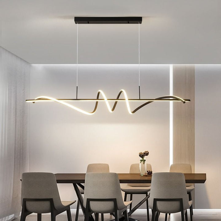 Lustre LED moderne minimaliste à spirale longue avec base rectangulaire en fer, aluminium et acrylique pour salle à manger 