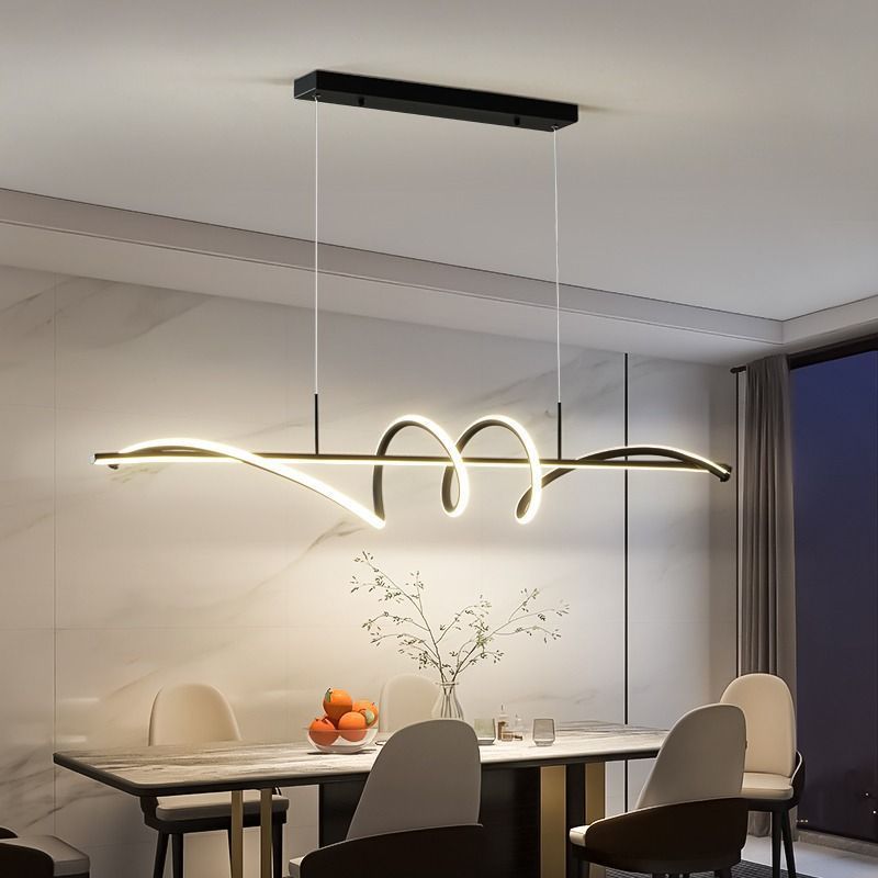 Lustre LED moderne minimaliste à spirale longue avec base rectangulaire en fer, aluminium et acrylique pour salle à manger 