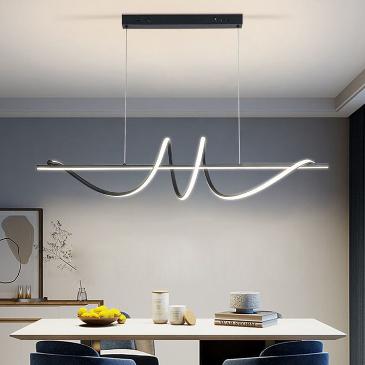 Lustre LED moderne minimaliste à spirale longue avec base rectangulaire en fer, aluminium et acrylique pour salle à manger 