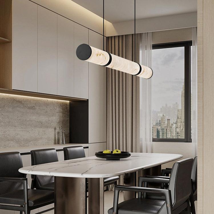 Luxe moderne cylindre long texturé en fer faux dolomite LED suspension lumineuse îlot pour salle à manger 