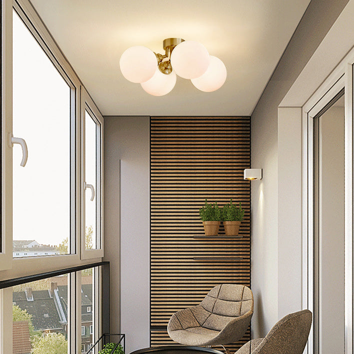 Contemporary Scandinavian Orb Branch Copper Glass 3/4 Light Semi-Flush Mount Ceiling Light For Living Room