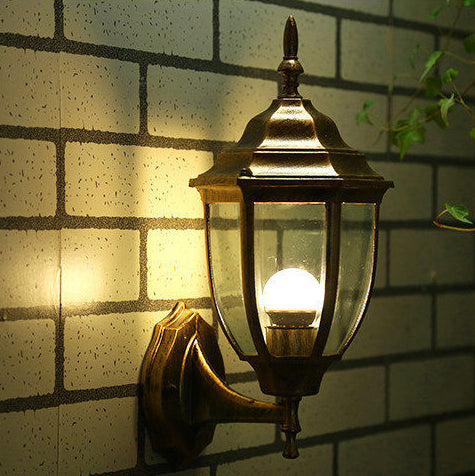 Traditional Vintage Waterproof Tower Striped Hexagonal Aluminum Glass 1-Light Wall Sconce Lamp For Garden