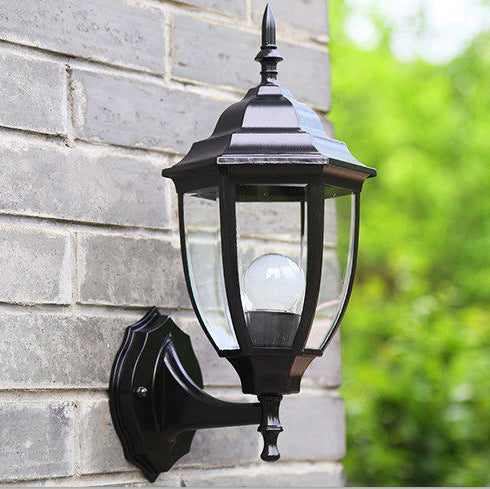 Traditional Vintage Waterproof Tower Striped Hexagonal Aluminum Glass 1-Light Wall Sconce Lamp For Garden