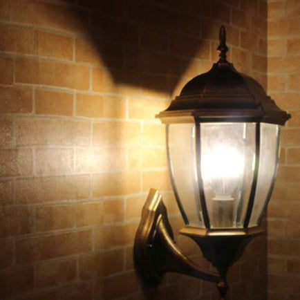 Traditional Vintage Waterproof Tower Striped Hexagonal Aluminum Glass 1-Light Wall Sconce Lamp For Garden