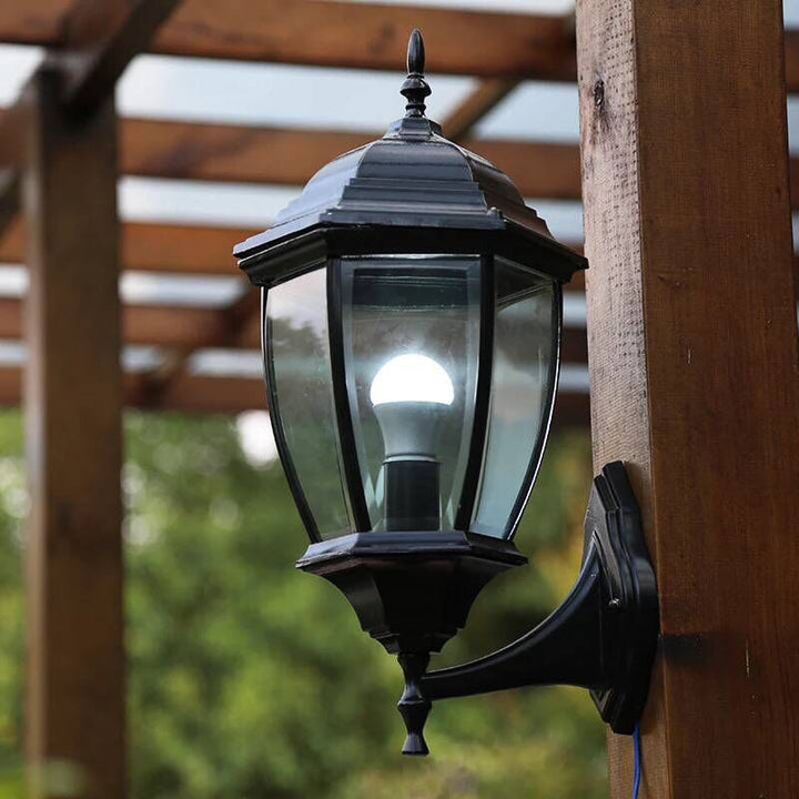 Traditional Vintage Waterproof Tower Striped Hexagonal Aluminum Glass 1-Light Wall Sconce Lamp For Garden