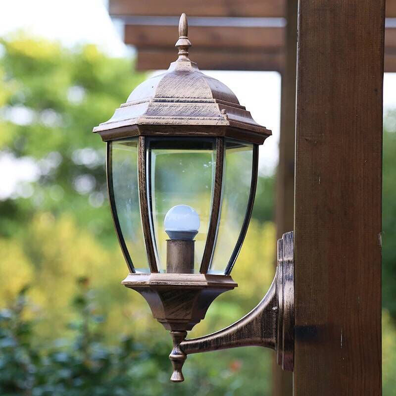 Traditional Vintage Waterproof Tower Striped Hexagonal Aluminum Glass 1-Light Wall Sconce Lamp For Garden