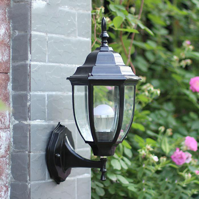 Traditional Vintage Waterproof Tower Striped Hexagonal Aluminum Glass 1-Light Wall Sconce Lamp For Garden
