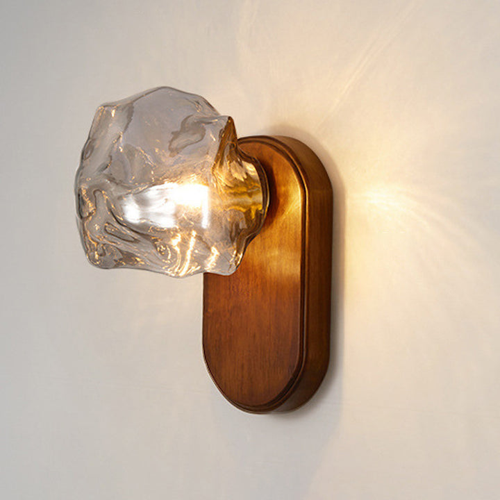 Traditional Vintage Ice Block Oval Base Wooden Glass 1-Light Wall Sconce Lamp For Bedroom