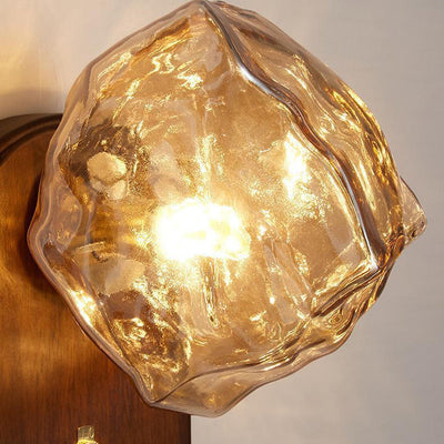 Traditional Vintage Ice Block Oval Base Wooden Glass 1-Light Wall Sconce Lamp For Bedroom