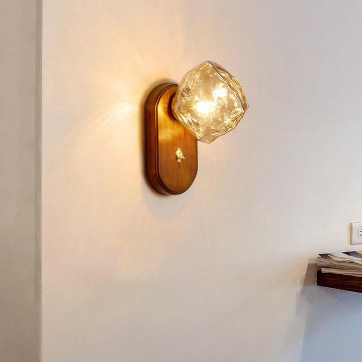 Traditional Vintage Ice Block Oval Base Wooden Glass 1-Light Wall Sconce Lamp For Bedroom