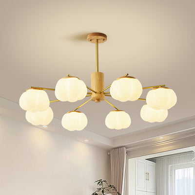 Contemporary Scandinavian Branch Persimmon Cylinder Disc Base Hardware Raw Wood Plastic 5/8 Light Chandelier For Living Room