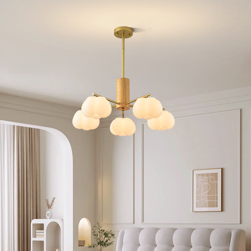 Contemporary Scandinavian Branch Persimmon Cylinder Disc Base Hardware Raw Wood Plastic 5/8 Light Chandelier For Living Room