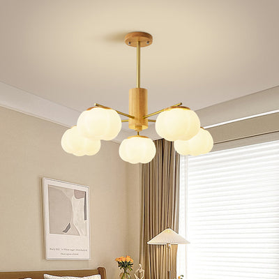 Contemporary Scandinavian Branch Persimmon Cylinder Disc Base Hardware Raw Wood Plastic 5/8 Light Chandelier For Living Room