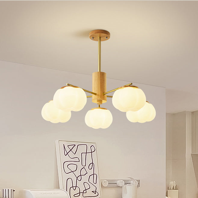 Contemporary Scandinavian Branch Persimmon Cylinder Disc Base Hardware Raw Wood Plastic 5/8 Light Chandelier For Living Room
