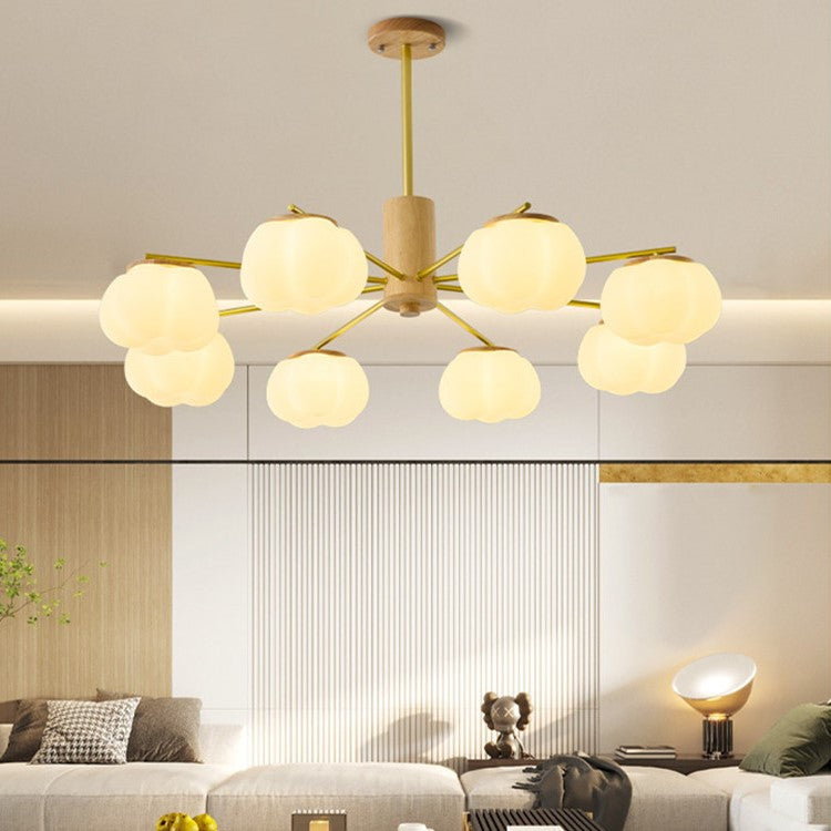 Contemporary Scandinavian Branch Persimmon Cylinder Disc Base Hardware Raw Wood Plastic 5/8 Light Chandelier For Living Room