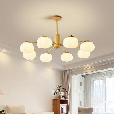 Contemporary Scandinavian Branch Persimmon Cylinder Disc Base Hardware Raw Wood Plastic 5/8 Light Chandelier For Living Room
