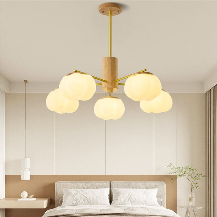 Contemporary Scandinavian Branch Persimmon Cylinder Disc Base Hardware Raw Wood Plastic 5/8 Light Chandelier For Living Room