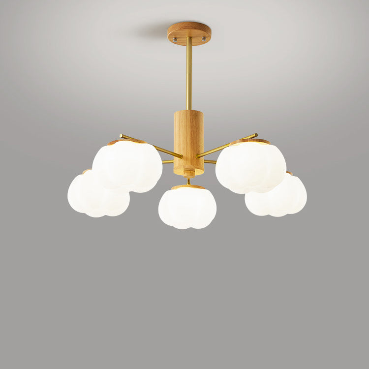 Contemporary Scandinavian Branch Persimmon Cylinder Disc Base Hardware Raw Wood Plastic 5/8 Light Chandelier For Living Room