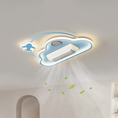 Contemporary Creative Cartoon Kids Airplane Clouds Aluminum Iron Acrylic LED Flush Mount Ceiling Fan Light For Bedroom
