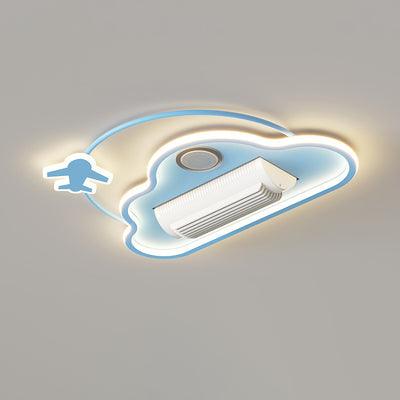 Contemporary Creative Cartoon Kids Airplane Clouds Aluminum Iron Acrylic LED Flush Mount Ceiling Fan Light For Bedroom