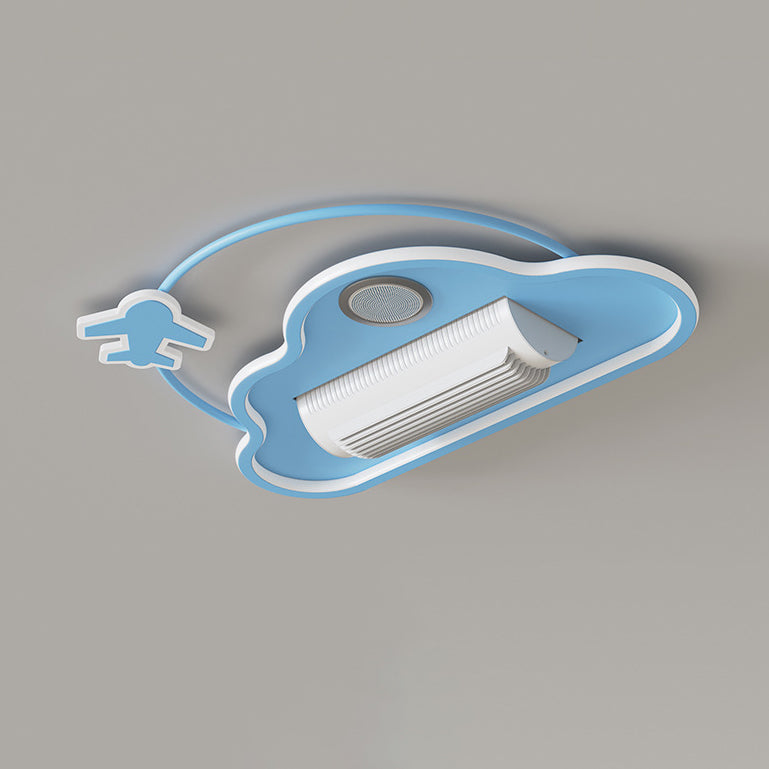 Ventilateur de plafond contemporain créatif pour enfants avec avion, nuages, aluminium, fer, acrylique et LED pour chambre à coucher 
