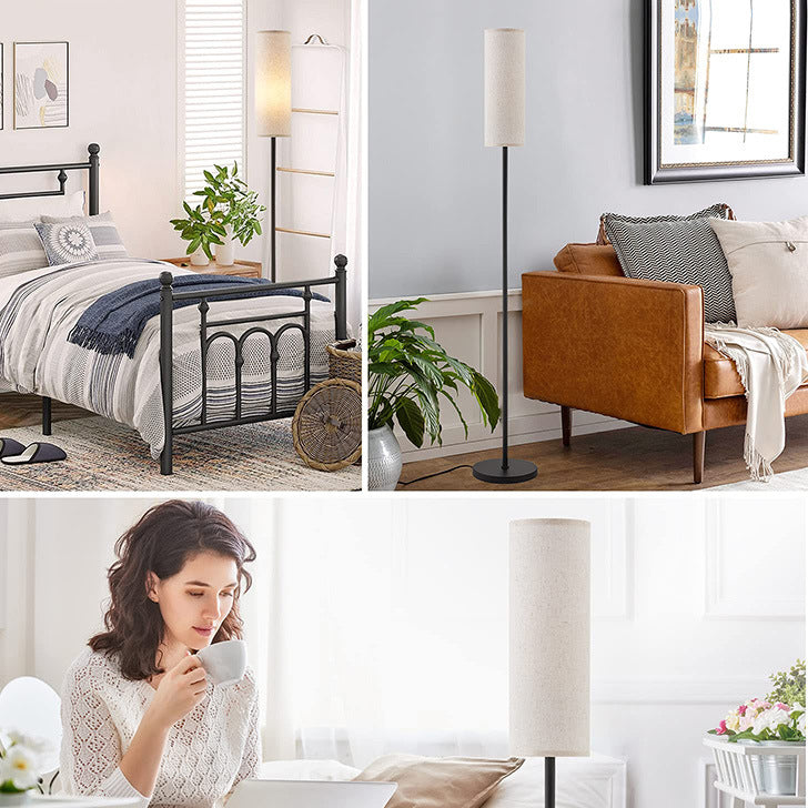 Modern Minimalist Cylinder Long Rod Iron Fabric 1-Light Standing Floor Lamp For Bedroom