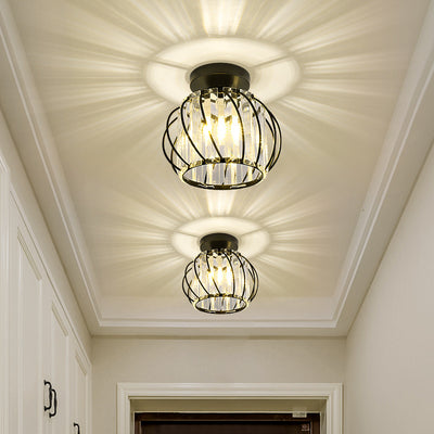 Contemporary Scandinavian Pumpkin Curved Arc Hollow Cylinder Disc Base Iron Crystal 1-Light Semi-Flush Mount Ceiling Light For Living Room