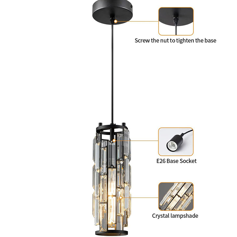 Zeitgenössischer Industriestil Zylinder Langrohr Rechteck Disc Basis Eisen Kristall 1-Licht Pendelleuchte für Wohnzimmer 