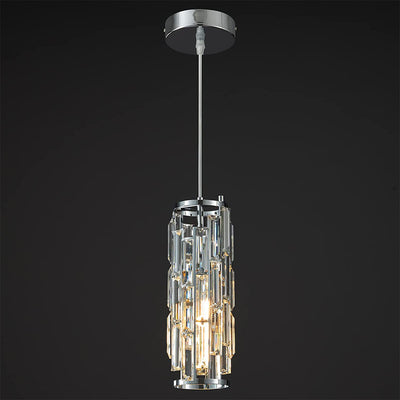 Zeitgenössischer Industriestil Zylinder Langrohr Rechteck Disc Basis Eisen Kristall 1-Licht Pendelleuchte für Wohnzimmer 