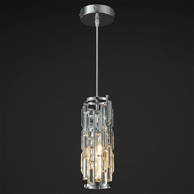 Zeitgenössischer Industriestil Zylinder Langrohr Rechteck Disc Basis Eisen Kristall 1-Licht Pendelleuchte für Wohnzimmer 