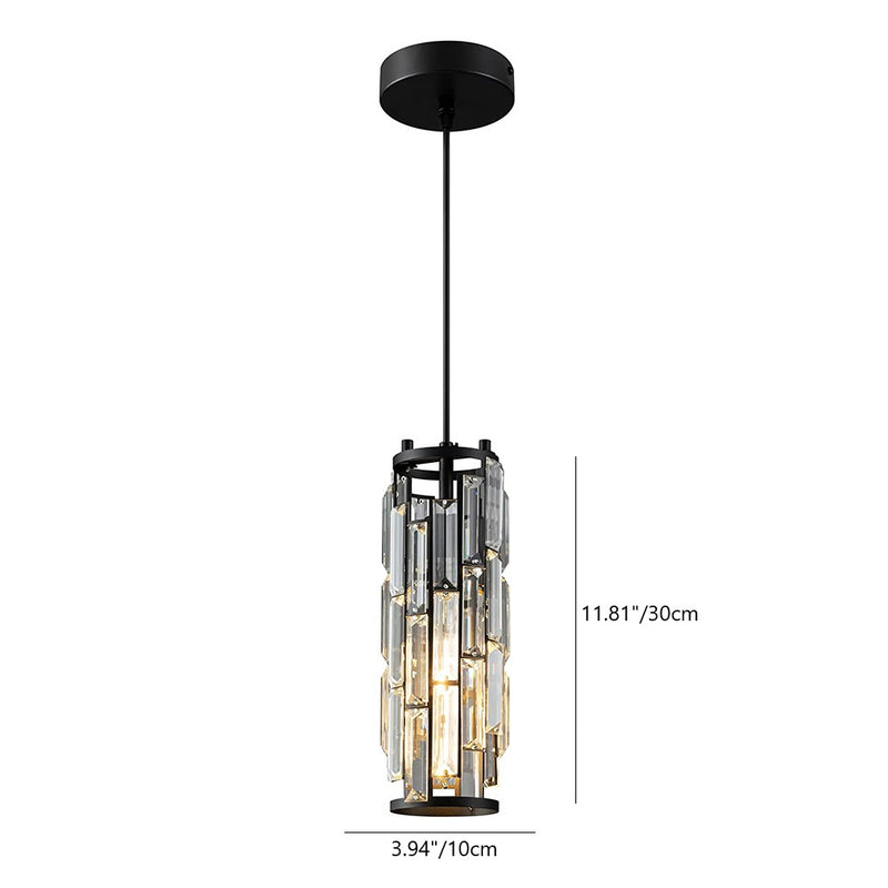 Zeitgenössischer Industriestil Zylinder Langrohr Rechteck Disc Basis Eisen Kristall 1-Licht Pendelleuchte für Wohnzimmer 