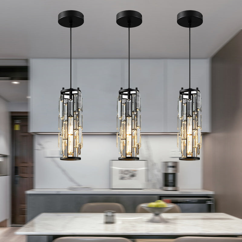 Zeitgenössischer Industriestil Zylinder Langrohr Rechteck Disc Basis Eisen Kristall 1-Licht Pendelleuchte für Wohnzimmer 
