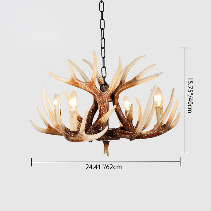 Lustre traditionnel vintage en résine et PVC avec branches de bois de cerf, 4/6 lumières pour salon 