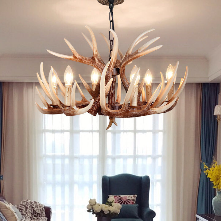 Lustre traditionnel vintage en résine et PVC avec branches de bois de cerf, 4/6 lumières pour salon 