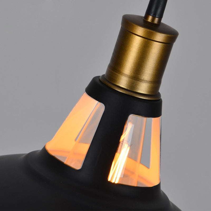 Zeitgenössische industrielle Scheibe ausgestellter hohler Zylinder Eisen 1-Licht Pendelleuchte für Wohnzimmer 