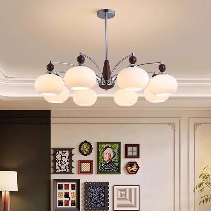 Traditional Vintage Oval Branch Ball Round Table Iron Wood Glass 5/8 Light Chandelier For Living Room