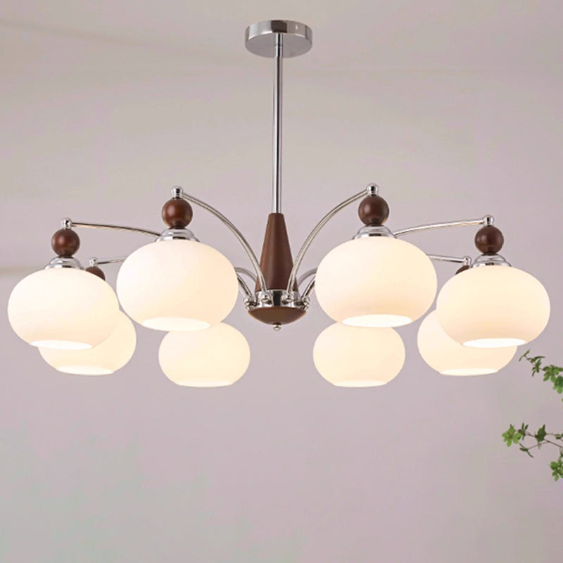 Traditional Vintage Oval Branch Ball Round Table Iron Wood Glass 5/8 Light Chandelier For Living Room