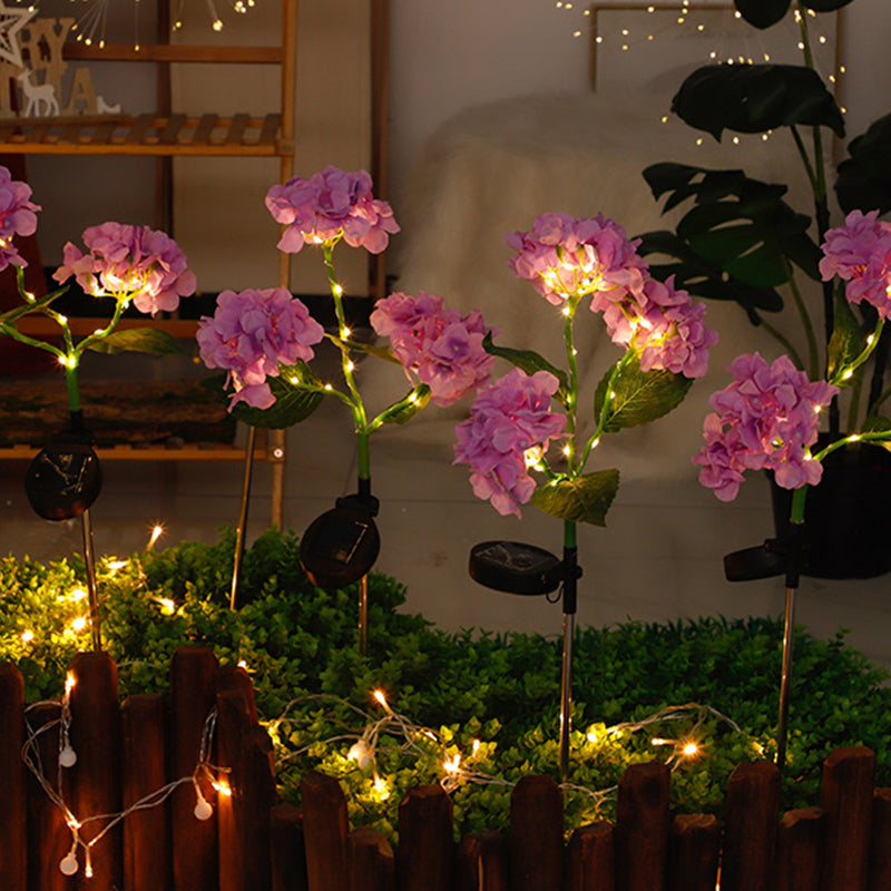 Contemporain Scandinave Solaire Imperméable Romantique Faux Hortensia Acier Inoxydable Tissu LED Clou de Sol Lumière Extérieure Pour Jardin 