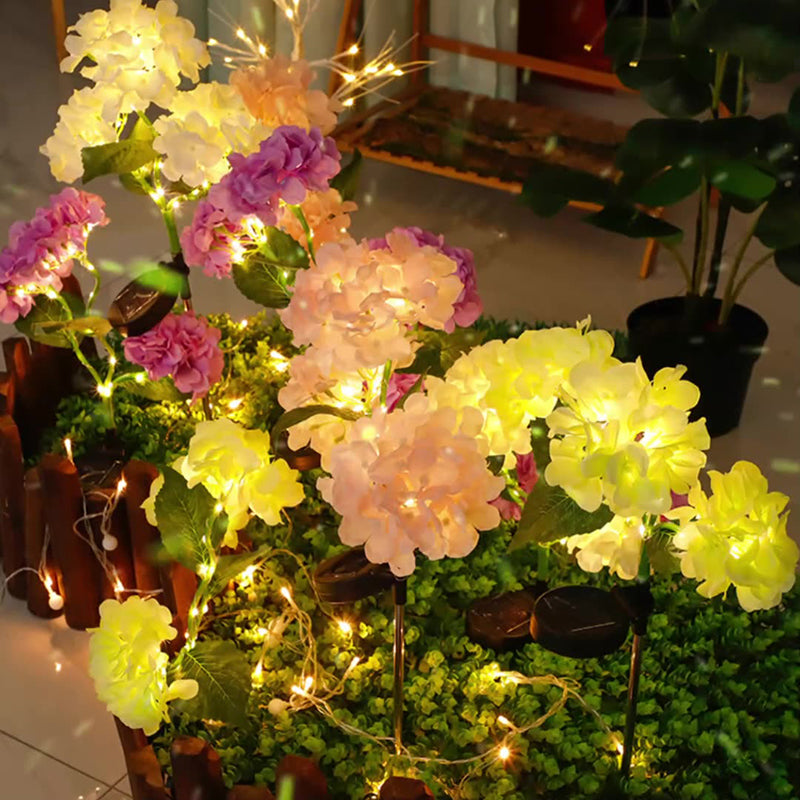 Contemporain Scandinave Solaire Imperméable Romantique Faux Hortensia Acier Inoxydable Tissu LED Clou de Sol Lumière Extérieure Pour Jardin 